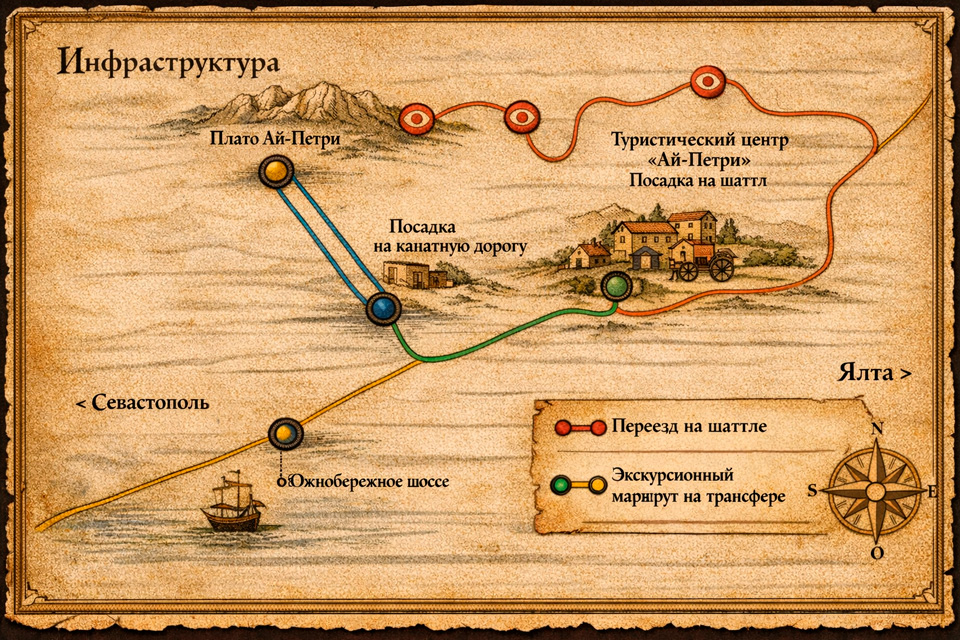 Схема проезда до Туристического центра «Ай-Петри» и пересадки на транспорт к станции «Сосновый бор»